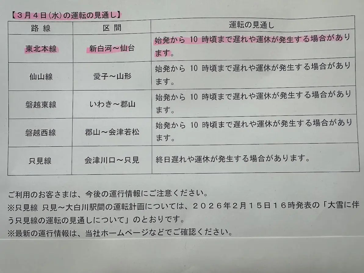 JR運転見通しについて